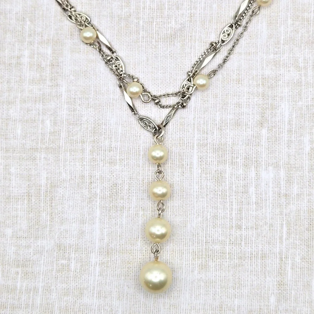 Vintage Style Silver Tone Multi Strand Glass Faux Pearl Y-Drop Filigree Necklace